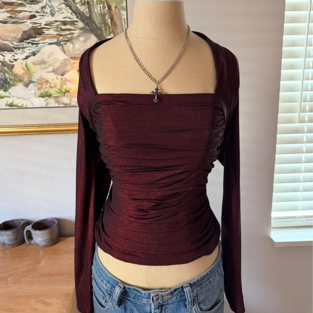 Vintage J.R. Nites shimmery burgundy ruched long sleeve going out top